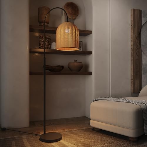 Rattan Floor Lamp, 66in. Boho Floor Lamp with Natural Brown Rattan Shade, Rustic Arc Standing Lamp for Coastal, Beach or Bohemian Style Decor (Coastal-Black) - Image 6