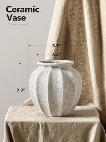 LE TAUCI White Ceramic Vase, 9.3-Inch Textured Flower Vase, Rustic White - Image 2