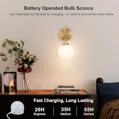 Gold Battery Operated Wall Sconce Set of 2, Wireless Rechargeable Sconces Wall Lighting with Remote Control, LED Dimmable Wall Lights with Opal White Glass Shade, 12 Colors RGB & 3 CCT Bulb - Image 3
