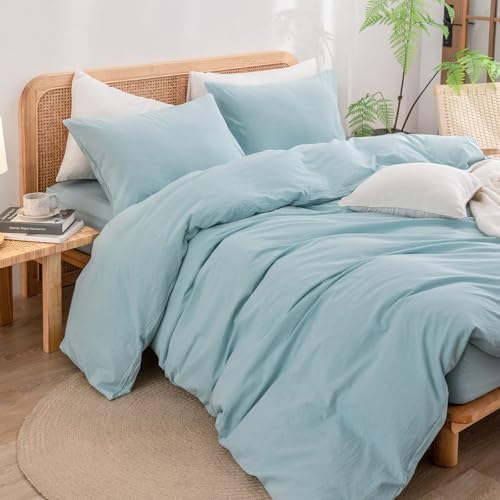 BESTOUCH Cotton Solid Duvet Cover Set Linen Feel Hushed Green Alaska King - Image 5