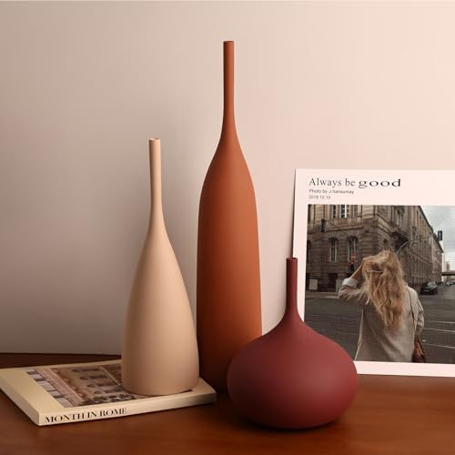 Ceramic Vases Set of 3, Modern Boho Vases for Centerpiece Decor, Matte Minimalist Decorative Vases for Home Decor, Living Room, Bookshelf, and Entryway Table Decor (Multicolor-1) - Image 3
