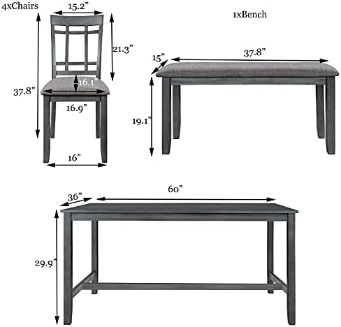 Wooden Rectangular Dining Table Set, Farmhouse Rustic 6-Piece Kitchen Set with 4 Upholstered Chairs and 1 Bench (Antique Graywash) - Image 6