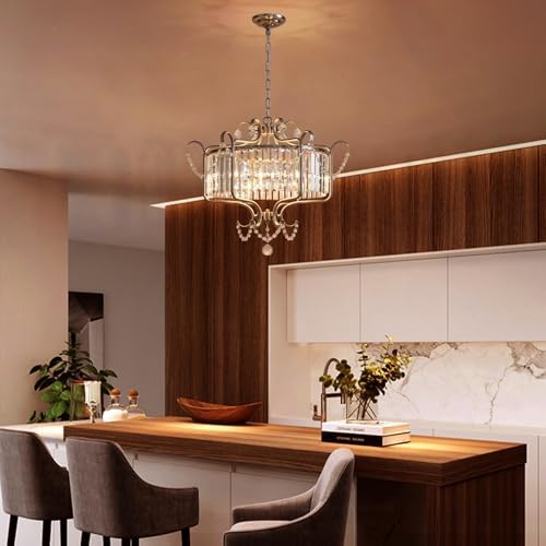 Modern Crystal Chandelier for Dining Room 24" Brushed Nickel Light Fixtures 6-Light Farmhouse Pendant Lighting for Kitchen Island Bedroom Hallway Entryway - Image 6