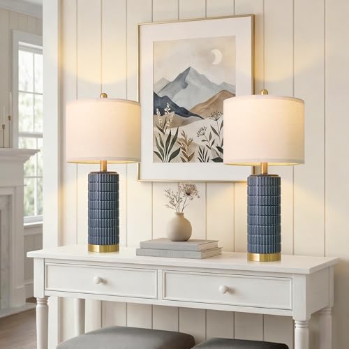 PoKat 25'' Blue Table Lamps for Bedroom Living Room Set of 2, Modern Ceramic Bedside Lamps with Gold Base for Office Sideboard Entryway Side End Table Nightstand Desk Lamps Home Gift (Dark Blue) by Pokat