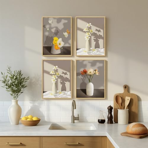Framed Botanical Floral Wall Art, 4 Piece Yellow Flower Canvas Painting Prints Artwork for Walls, Modern Elegant Pictures for Living Room Bedroom Kitchen Hallway Dining Room Home Decor, 12x16 Inch - Image 3