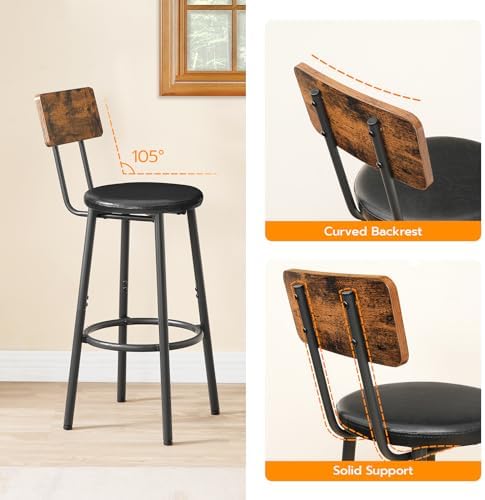 HOOBRO Bar Stools, Bar Stools Set of 2 with PU Upholstered, Bar Chairs with Footrest and Back, 26" Bar Stools for Kitchen Island, Dining Room, Easy to Assemble, Rustic Brown and Black BF31BY01G2 - Image 5