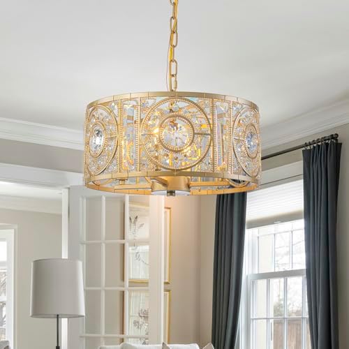 Vintage Crystal Round Chandelier 14.17" Gold Dining Room Chandelier Over Table 4-Lights Classic Drum Pendant Light Fixture for Living Room Kitchen Island Entryway. - Image 2
