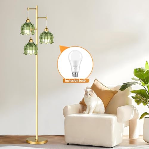 Vintage Floor Lamps for Living Room Bedroom-3 Light Gold Floor Lamp with Glass Lampshape, Flower Green Tall Lamp Mid Century Modern Standing Lamp Tree Floor Lamp for Bedroom Living Room Corner - Image 3
