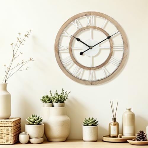 16 Inch Rustic Wall Clock Silent Non-Ticking Wooden Wall Clocks with Roman Numerals Farmhouse Decorative Clock for Living Room Bedroom Office (Light Lvory) by BlueprintIvy