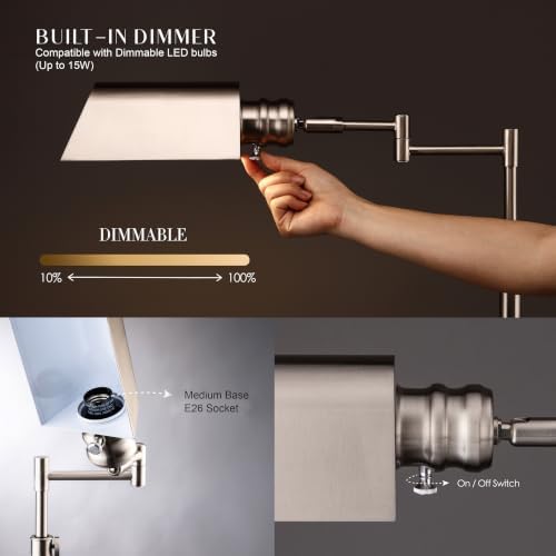 O’Bright Arcadia - Pharmacy Floor Lamp, Full Range Dimming, Swing Arm Task Lamp, E26 Socket, Bulb Replaceable, Adjustable Height 47” to 55”, 360° Rotatable Shade, All-Metal Design, Brushed Nickel - Image 3