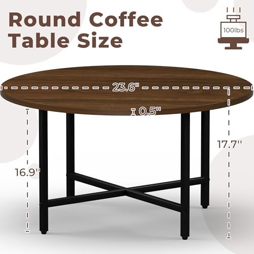 FAMIDGE Coffee Table, 23.6" Round Coffee Table, Walnut Living Room Tables - Image 3