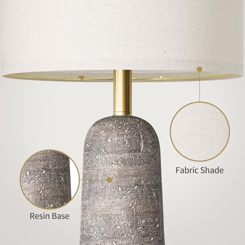BOBOMOMO 27.25" Modern Table Lamp Set of 2, Light Grey Resin Table Lamps with Stone Look, Lamps for Living Room with Linen Shades, Bedroom Nightstand Lamps, Table Lamps for Living Room End Tables - Image 5