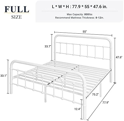 Allewie Full Metal Bed Frame with Victorian Iron-Art Headboard, White - Image 2