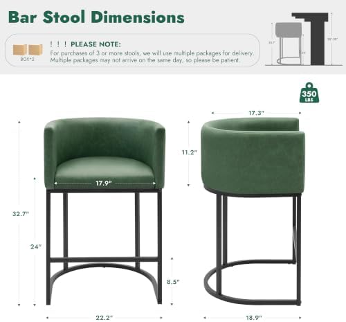 Counter Height Bar Stools Set of 3, Modern Counter Stools for Dining Room, 24 Inch Barstools for Kitchen Island, Faux Leather Bar Stool with Metal Legs and Back Footrest, Green - Image 2