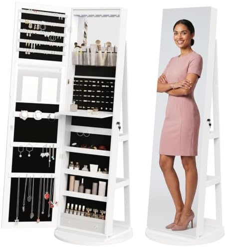 OLIXIS 360° Swivel Jewelry Cabinet with Light, Lockable Full Length Mirror by OLIXIS