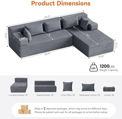 MONVANE 106" L-Shaped Modular Sectional Sofa, Charcoal Grey - Image 3
