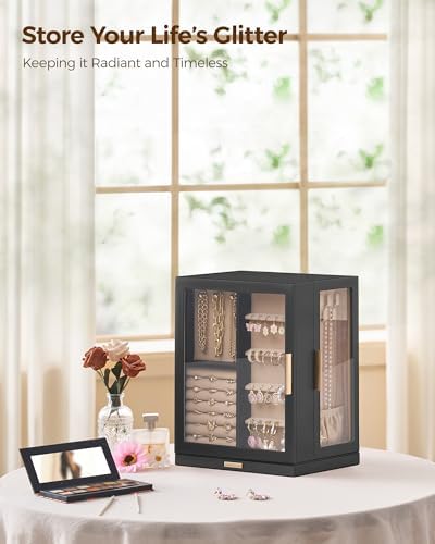 Glimmloop 360° Rotating Jewelry Box with 5 Drawers, Spacious Vertical Jewelry Organizer with Glass Window, Jewelry Storage Case, Dustproof & Moisture-resistant Design, Black - Image 2