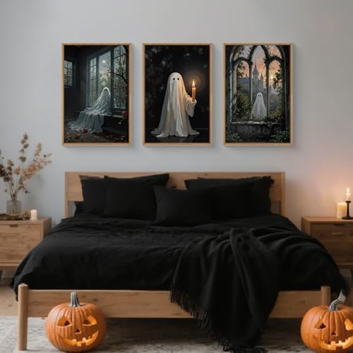 LHIUEM Large Halloween Cute Ghost Framed Canvas Wall Art Set,Vintage Spooky Wall Decor,Retro Dark Prints,Midnight Candle Poster Artwork for Living Room,Bathroom,Dining Room -24"x36"x3 - Image 5