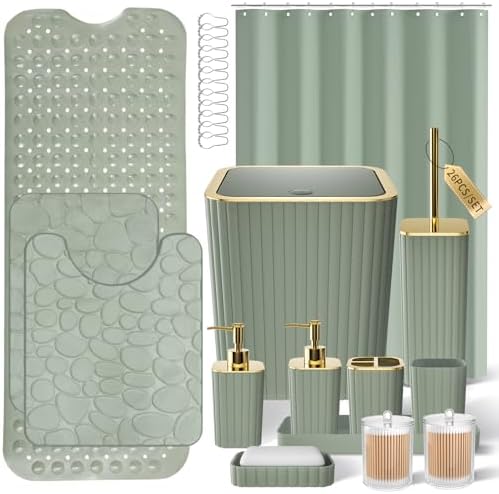 XLHOMO 26PC Bathroom Accessories Set - Gorgeous Sage Green Bathroom Set, Bathroom Accessory Set, Shower Curtain Set with Bathtub Mats for Shower Tub, Trash Can & Soap Dispenser by BetterbathroomwithXLHOME