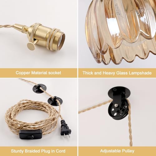 Shenmoyl Plug in Pendant Light Hanging Light Fixture Corded On/Off Switch Brass Pendant Light with Amber Tulip Glass Lampshade for Bedroom Living Room Kitchen Island - Image 5