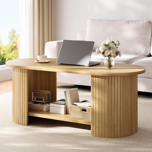 42" Oval Fluted Coffee Table, 2-Tier Center Table with Large Storage, Mid-Century Modern Wood Coffee Table for Living Room, Home Office, Small Space, Oak by Unknown