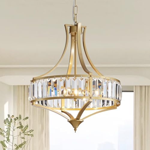 Modern Gold Crystal Chandeliers for Dining Room Pendant 4-Light Rustic Farmhouse Chandelier with Round Metal Lampshade for Living Room Kitchen Island Hallway Bedroom Foyer by Majhoiw