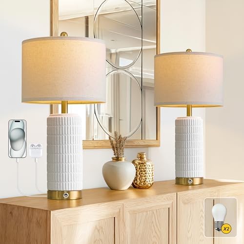 PoKat Stone-Like Ceramic Table Lamps with USB Ports for Bedroom, 25'' Matte-White Dimmable Nightstand Touch Lamps for Night Stands with Gold Base, Farmhouse Lamps for Living Room End Side Table - Image 5