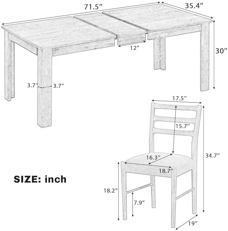 Farmhouse 7-Piece Kitchen Dining Table Set, Solid Wood Rectangle Extendable Table with 12” Leaf and 2 Drawers, 6 Dining Chairs with Soft Cushion, Dining Table Set for 6 Persons (Natural Wash+) - Image 4