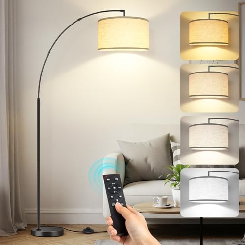 OUTON 81" Arc Floor Lamp, 12W 1080LM LED Dimmable Floor Lamp with 16" Beige Lampshade, Remote Control & Foot Switch, 4 Colour Temperatures, Tall Standing Lamp for Living Room Bedroom Office, Black by OUTON