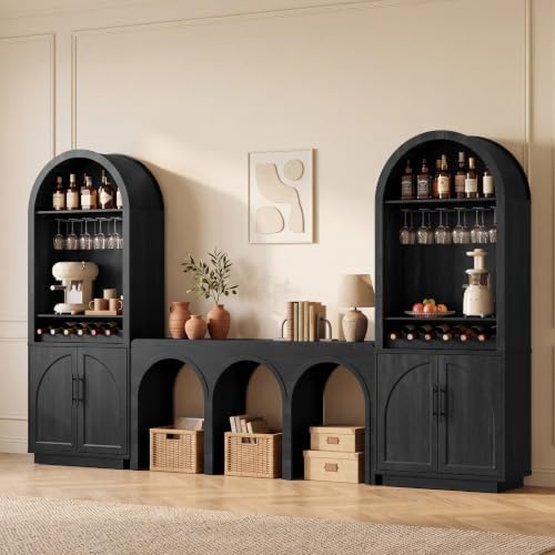 Fatmok Modular Coffee Bar with LED Lighting,Charging Station,Arched Wood Console Table and Storage Cabinet,Modern Liquor&Wine Display Cabinet for Living Room,Black Grey(FGF,3-Piece) by Fatmok