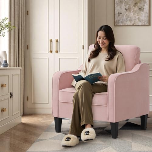 Accent Chair for Living Room, Mid Century Modern Reading Chair for Bedroom, Upholstered Armchair with Side Pockets, Comfy Single Sofa Side Chair for Office, Apartment, Small Room, Pink - Image 3