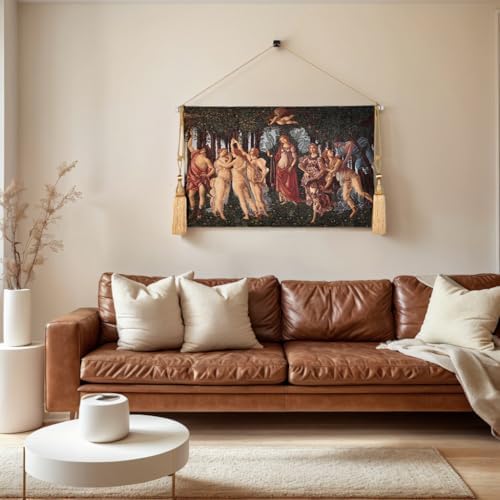 AureoMadis Primavera by Botticelli Tapestry Wall Hanging Set, 42"x27" Renaissance Medieval Vintage Victorian Woven Tapestries with Rod, Tassels & Hooks (Green：Botticelli's 'The Spring' Inspired Timeless Color Symphony) - Image 2