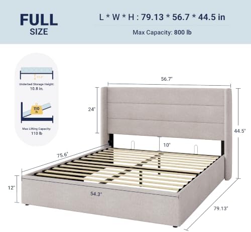 Allewie Full Size Lift Up Hydraulic Storage Bed Frame Light Beige - Image 2