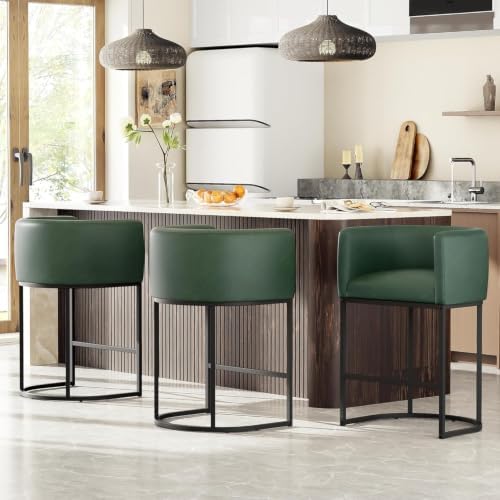 26" H Counter Height Bar Stools Set of 3, Modern Barrel Counter Stools with Backrest and Arms, Faux Leather Upholstered Accent Barstools for Kitchen Island,Support 450 LBS (Green) by VATROS