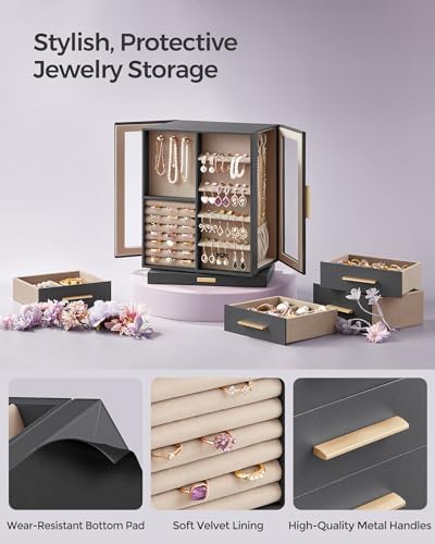 SONGMICS Jewelry Box Organizer, 360° Rotating, 5 Drawers, Slate Gray - Image 5