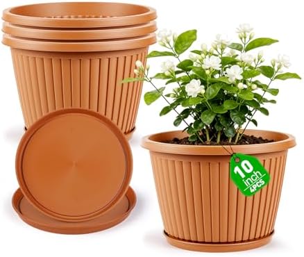 Myfeegoin Planter-Pots-for-Plants-Indoor-Outdoor, 4 Pack 10 Inch Plastic Flower Pots with Saucer & Drainage Holes, Modern Garden Planters for Planting Medium Large Plants，Decorative Resin Garden Pots by Myfeegoin