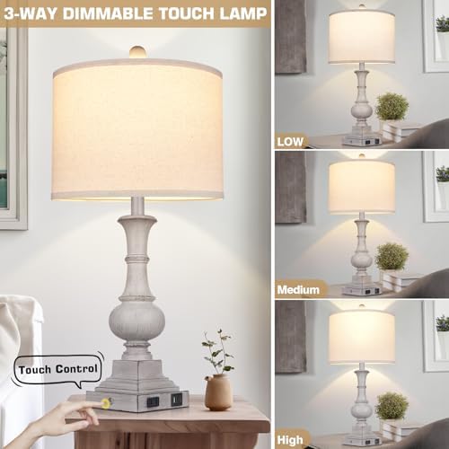 Farmhouse Lamps Set of 2, 26" Vintage Rustic Touch Control Bedside Lamp with USB A+C Ports & AC Outlet, 3-Way Dimmable Boho Nightstand Lamp Washed Resin Linen Fabric Shade for Living Room Bedroom Grey - Image 4