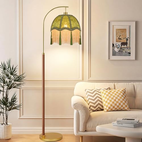 Wood Floor Lamps for Living Room Vintage Gold Floor Lamp with Remote Control & 3 Color Temperature,Dimmable Floor Lamp Mid Century Modern Standing Lamp Green Fringe Tall Floor Lamp for Bedroom Corner - Image 7
