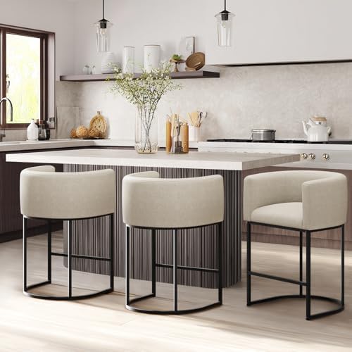 Counter Height Bar Stools Set of 3, 24 Inch Seat Height Barstools for Dining Room, Fabric Upholstered Bar Chair for Kitchen Island, Linen Counter Stools with Metal Legs, Beige - Image 7