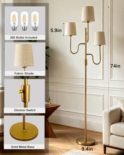 Lightdot 68IN Gold Floor Lamp Dimmable 3-Lights LED Floor Lamps with Cone Fabric Shade& Warm White Bulb for Wedding/Party 3-Arm Standing Tall Lamp for Living Room/Bedroom/Sofa Beside/Corner Decor - Image 4