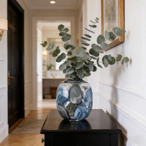 Hand Blown Blue Glass Vase, 8.5 in Round Wide Mouth Blue Gray Vase, Decorative Glass Vase for Flowers, Coastal Home Decor Centerpiece for Table, Shelf, Entryway, in The Bathroom, or Living Room - Image 6