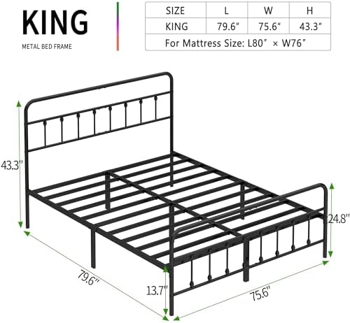King Size Metal Bed Frame with Headboard and Footboard,Black - Image 2