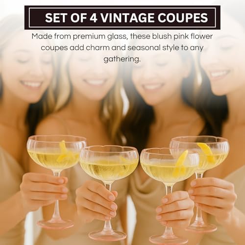 Khen Flower Modern Wavy Glass Coupes Martini, Champagne & Cocktail Coupes - Set of 4-7.7oz Colorful Cocktail Glasses for Prosecco, Mimosa - Blush Pink - Image 4
