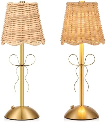 12 Inch Rattan Cordless Table Lamp, Bow, Gold, 2 Pack by Unknown