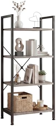 DUMOS 4 Tiers Open Bookshelf, Classic Freestanding Tall Display Shelf, Multifunctional Storage Organizer Rack for Living Room Home Office, Sturdy Bookcase for CDs/Books/Movies, Wood Grey by DumosLifestyle
