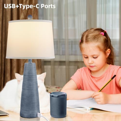 Terpsichore Nightstand Lamp Bedside Lamps Set of 2 Vintage Rustic Farmhouse Table Lamp 3 Way Dimmable Horizontal Stripe Light,Suitable for Living Room Bedroom,with Linen Shade LED Bulb,USB A+C Port - Image 2
