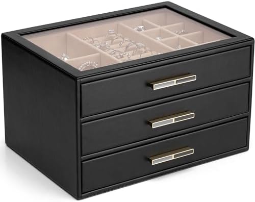 VLANDO Jewelry Box for Women, Glass Lid Jewelry Organizer with 3 Drawers for Necklaces Rings Earrings Bracelets - Black by VLANDO