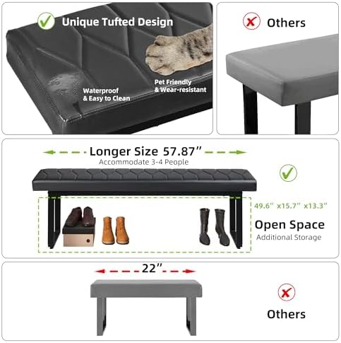 STHOUYN Black Faux Leather Benches Set of 2, 58 Inch Padded Seats - Image 4