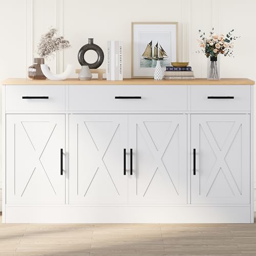Shintenchi Buffet Cabinet with Storage,53.4" Large Kitchen Storage Cabinet with 3 Drawers and 4 Doors,Wood Farmhouse Buffet Sideboard with Adjustable Shelf for Kitchen Living Room, White - Image 2