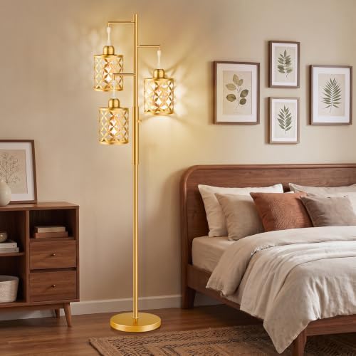 68" Modern Tree Floor Lamp, Dimmable Industrial Tall Standing Lamp with Metal Cages & Rotary Dimmer Knob, Corner Decor Lighting for Living Room Bedroom Cafe, 3 x 800LM Bulbs Included - Gold - Image 3